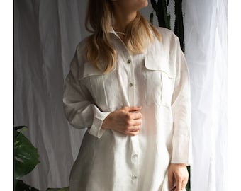 Oversized  linen shirt with big front pockets and long sleeves.Soft linen boyfriend shirt.Loose fit shirt for women.Button down flax blouse.
