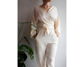 Cotton set. Muslin top and pants. Muslin puffed sleeves set. Elastic waist/ankle pants. Boho raw cotton set. Double gauze set. Summer set.