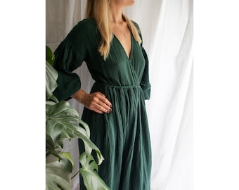 Organic cotton muslin dress.Loose fit wrap dress with long puffed sleeves.Double gauze V-neck dress.Natural fiber maxi dress.Long boho dress