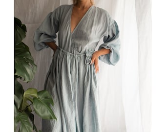 Linen loose-fit maxi dress with puffed sleeves. Boho style soft linen wrap dress. V-neck dress with long sleeves. Linen wrap dress