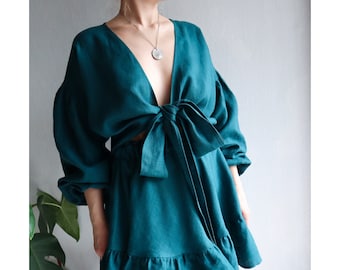 Linen top.Linen wrap top. Linen wrap blouse. Linen set. Linen long sleeve blouse. Puff sleeve blouse. Linen skirt. Linen ruffle skirt.