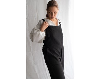 Loose linen jumpsuit. Soft linen jumpsuit with pockets. Washed linen overall.Long linen romper. Full-length linen romper for women's