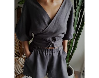 Lienen set Linen wrap top Linen shorts linen Linen skirt shorts Linen wrap blouse Soft linen women's wear Summer set Kimono wrap top
