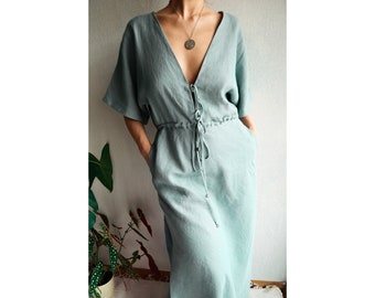 Linen dress.Spring summer dress.V-neck dress.Kimono Sleeve dress.Long linen dress.Split side dress.Split side dress.Boho dress.Resort wear.