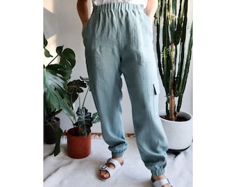 Linen pants with cargo pockets.Flax jogger.Wide leg linen trousers.Comfortable linen pants.Soft linen.Patch pockets pants.Women's pants.