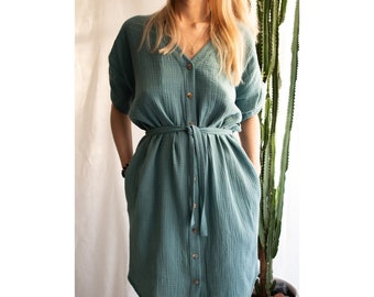 Muslin dress.Cotton dress.V-neck dress.Muslin dress with buttons.Loose fit soft cotton dress.Tie-belt dress.Summer dress.Organic cotton GOTS