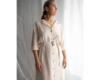 Linen button-down long dress. Soft linen shirt dress with belt. Long sleeves linen dress with pockets. Loose fit linen dress. Collar dress.
