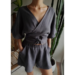 Lienen set Linen wrap top Linen shorts linen Linen skirt shorts Linen wrap blouse Soft linen women's wear Summer set Kimono wrap top