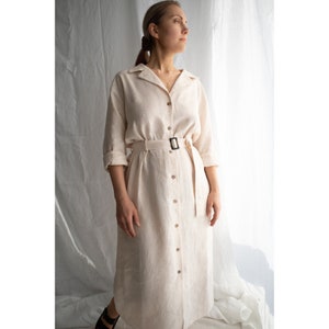 Linen button-down long dress. Soft linen shirt dress with belt. Long sleeves linen dress with pockets. Loose fit linen dress. Collar dress.