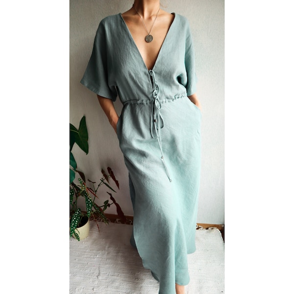 Linen dress.Spring summer dress.V-neck dress.Kimono Sleeve dress.Long linen dress.Split side dress.Split side dress.Boho dress.Resort wear.