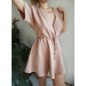 Linen Dress.Oversized linen dress.Kimono sleeves.Dress with pockets.Deep V neckline.Relaxed fit.Boho dress.Bridesmaid dress.Wide skirt dress