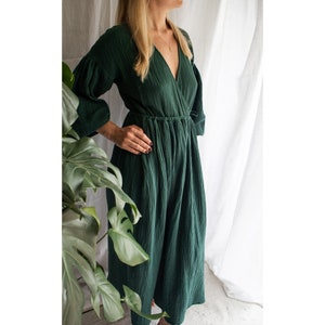 Organic cotton muslin dress.Loose fit wrap dress with long puffed sleeves.Double gauze V-neck dress.Natural fiber maxi dress.Long boho dress