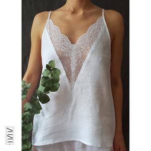 Linen pajama. Linen top. Linen camisole. Linen cami top. Linen underwear. Linen laced top. Linen V neck top. Bridal lingerie. Linen gift.