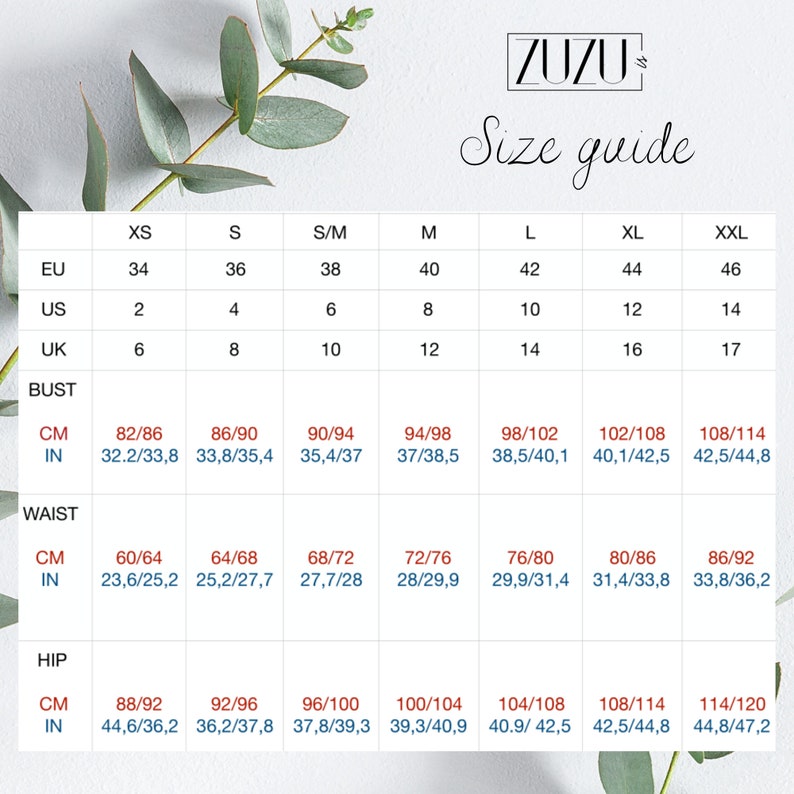 May include: Size chart for clothing in US, UK, and EU sizes. The chart shows measurements in inches and centimeters for bust, waist, and hip.