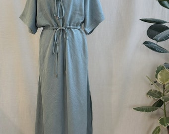 Ready to ship.Linen Aqua dress.Spring summer dress.V-neck dress.Kimono Sleeve dress.Long linen dress.Split side dress.Boho dress.Resort wear