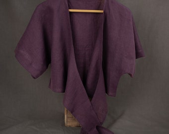 Ready to ship. Plum  linen top. Linen wrap top. Linen wrap blouse. Linen kimono top. Linen blouse. Linen wrap crop top. Wrapped top.