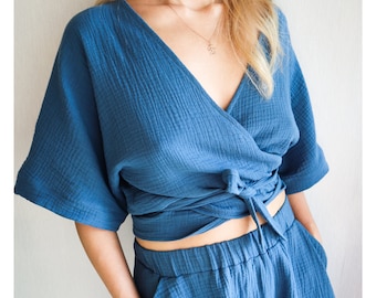 Baumwollbluse.Musselin Wickeltop mit Kimono ärmel.Bluse aus Double Gauze.Bluse mit V-Ausschnitt.Boho Wickeltop.Sommer Rohe Baumwollbluse.Resort Wear.