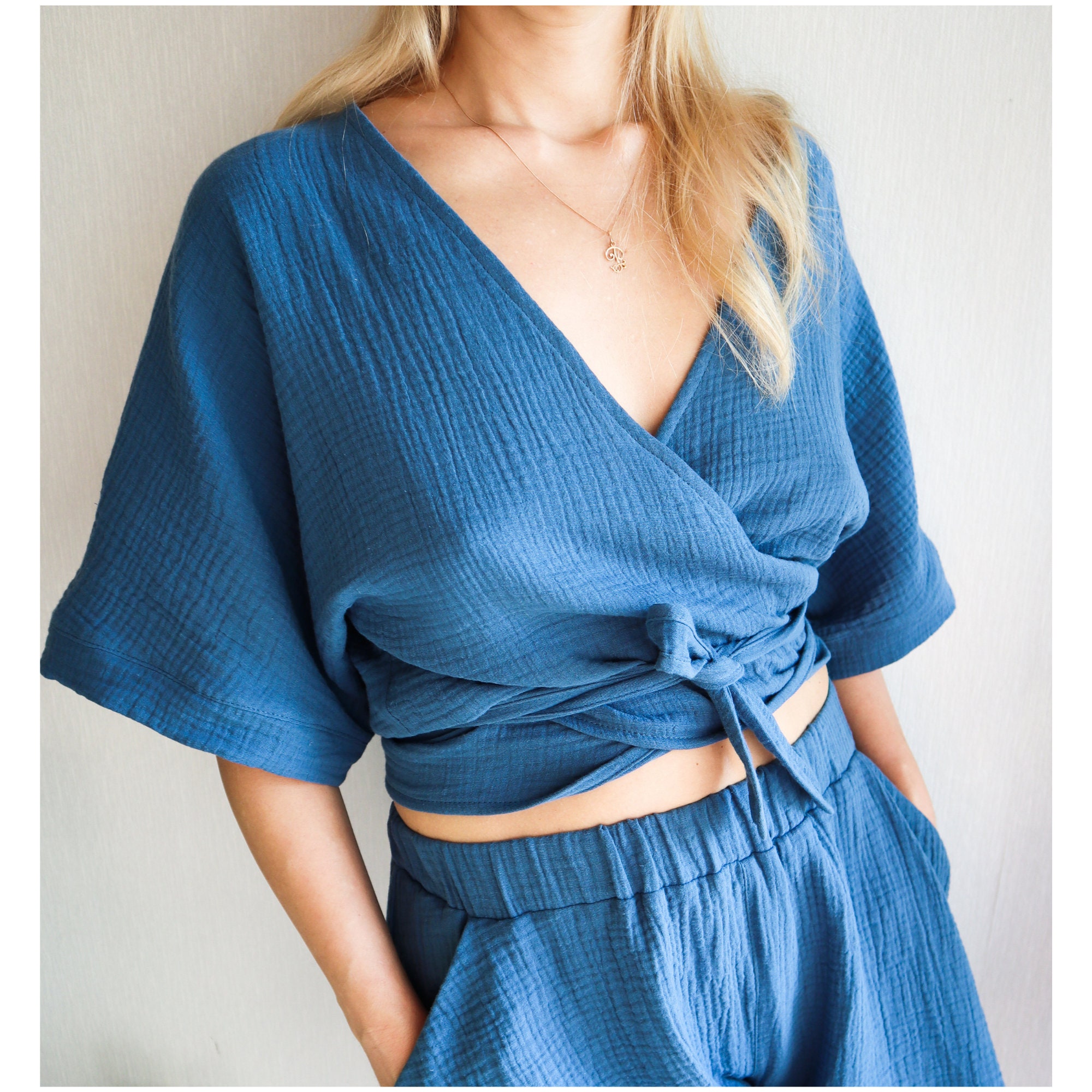 wrap top in linen- cotton jersey