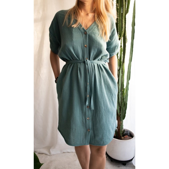 Muslin dress.Cotton dress.V-neck dress.Muslin dress with buttons.Loose fit soft cotton dress.Tie-belt dress.Summer dress.Organic cotton GOTS