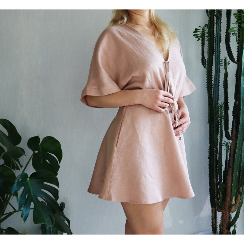 Linen Dress.Oversized linen dress.Kimono sleeves.Dress with pockets.Deep V neckline.Relaxed fit.Boho dress.Bridesmaid dress.Wide skirt dress image 6