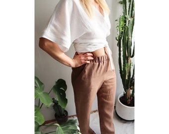 Linen pants for women. Soft linen trousers. Wide leg pants. Linen baggy pants with elastic waist. Drawstring linen pants.