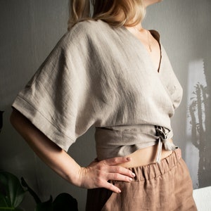 Linen top. Linen wrap top. Linen wrap blouse. Linen kimono top. Linen blouse. Linen wrap crop top. Wrapped top. Wrapped blouse. Linen wear. image 5