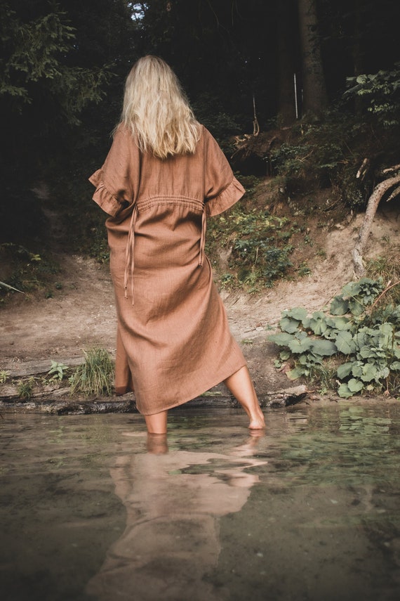 Linen robe. Kimono robe with pockets. Long natural linen robe. Oversized robe. Linen home clothing. Linen loungewear.