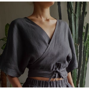 Linen top. Linen wrap top. Linen wrap blouse. Linen kimono top. Linen blouse. Linen wrap crop top. Wrapped top. Wrapped blouse. Linen wear. image 2