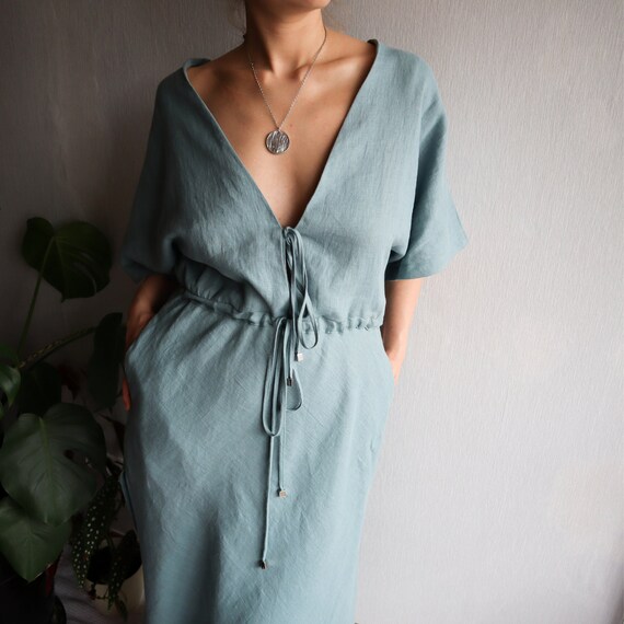 Linen Dress Summer Spring V-Neck Dress L / AQUA Linen Dress Summer Spring V-Neck Dress L / AQUA