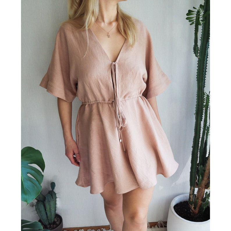 Linen Dress.Oversized linen dress.Kimono sleeves.Dress with pockets.Deep V neckline.Relaxed fit.Boho dress.Bridesmaid dress.Wide skirt dress image 2