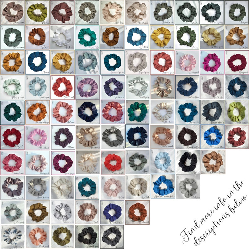 May include: A collection of 64 scrunchies in various colors and patterns. The scrunchies are made of fabric and are arranged in a grid pattern.