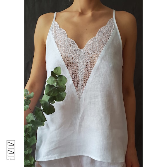 Linen pajama. Linen top. Linen camisole. Linen cami top. Linen underwear. Linen laced top. Linen V neck top. Bridal lingerie. Linen gift.