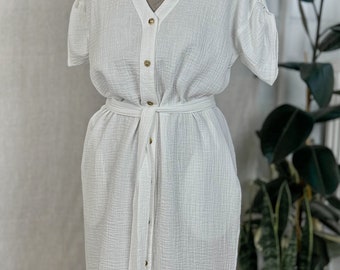 Ready to ship.White off Muslin dress.Cotton dress.V-neck dress.Muslin dress with buttons.Loose fit soft cotton dress.Organic cotton GOTS