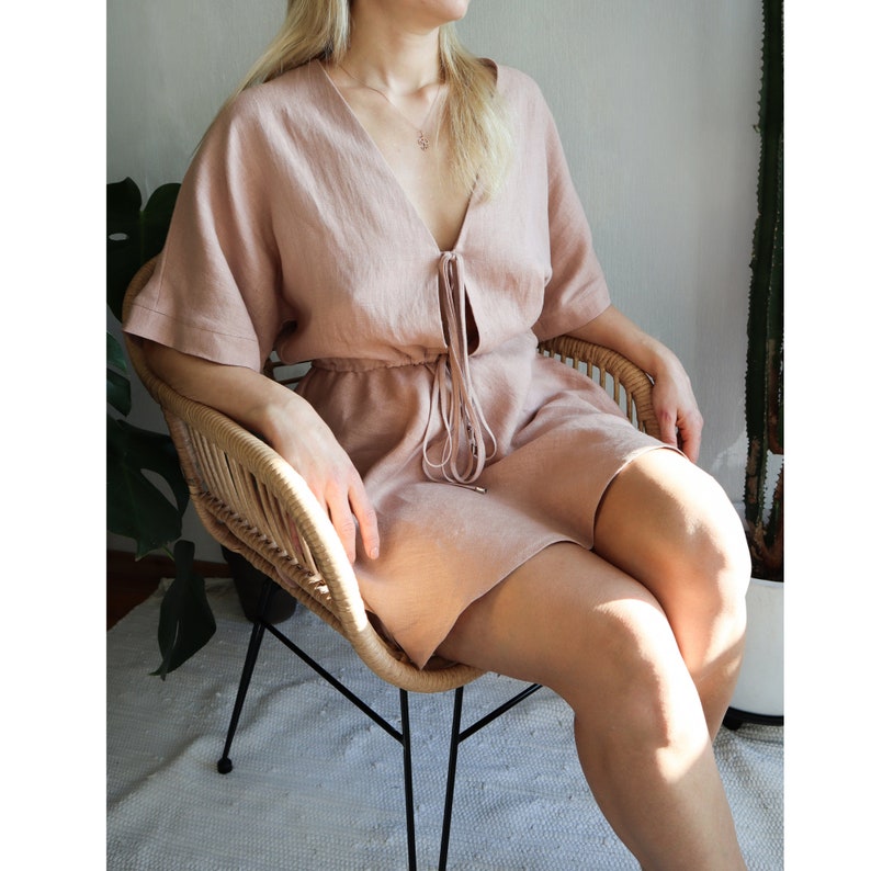 Linen Dress.Oversized linen dress.Kimono sleeves.Dress with pockets.Deep V neckline.Relaxed fit.Boho dress.Bridesmaid dress.Wide skirt dress image 7