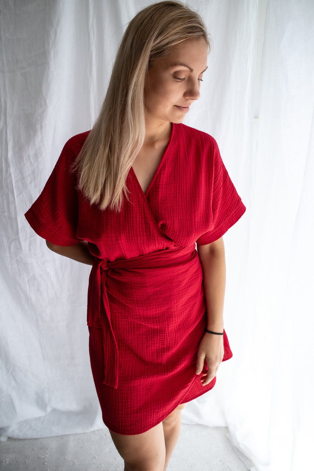 Soft Cotton Muslin Dress. Wrap Dress With Kimono Sleeves. Double Gauze
