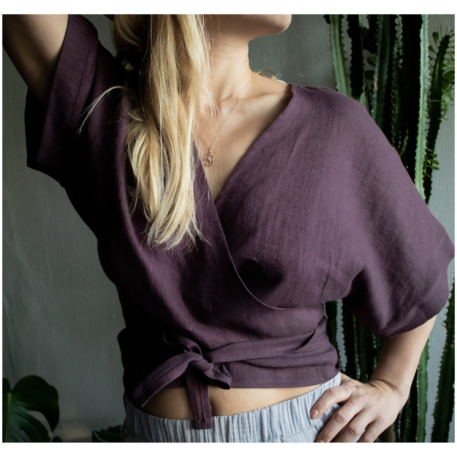 Linen Top. Linen Wrap Top. Linen Wrap Blouse. Linen Kimono Top. Linen