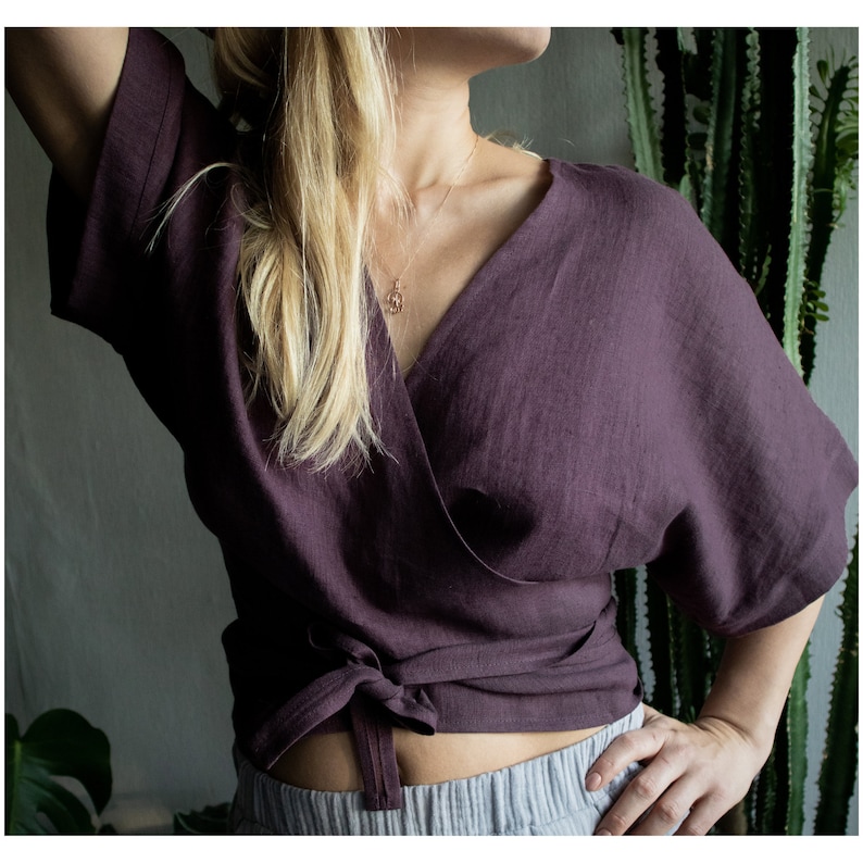 Linen top. Linen wrap top. Linen wrap blouse. Linen kimono top. Linen blouse. Linen wrap crop top. Wrapped top. Wrapped blouse. Linen wear. image 6