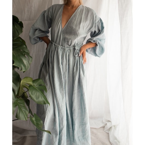 Linen Loose-fit Maxi Dress With Puffed Sleeves. Boho Style Soft Linen Wrap  Dress. V-neck Dress With Long Sleeves. Linen Wrap Dress - Etsy