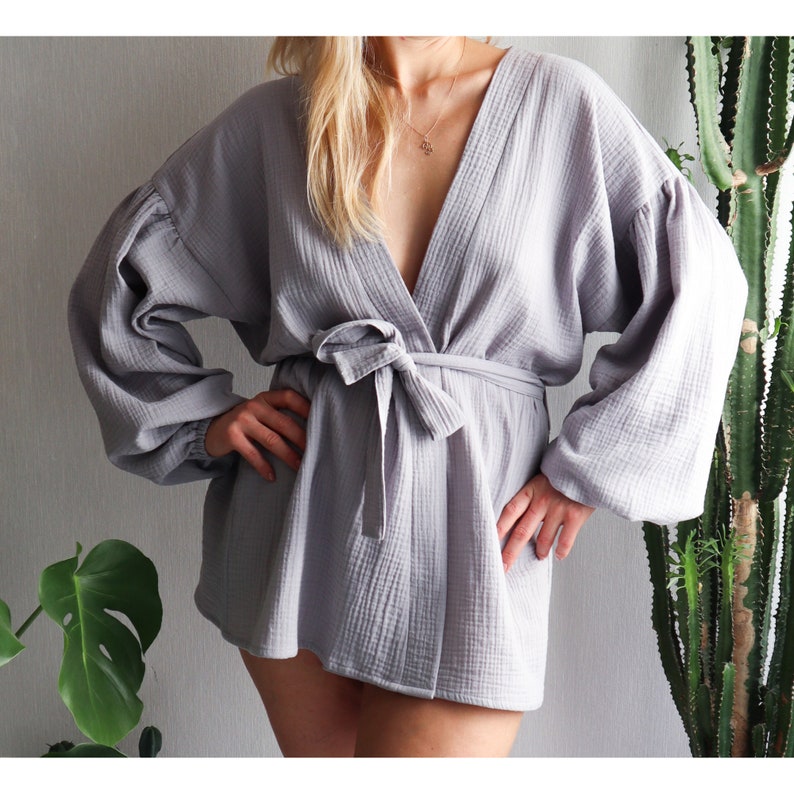 New!Muslin cardigan.Muslin robe.Muslin jacket.Open front.Long puffed sleeves.Cotton gauze robe.All season gauze jacket.Raw cotton cover up. image 5