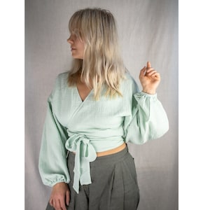 Cotton blouse.Muslin wrap top with puffed sleeves.Double gauze blouse.V-neck blouse.Boho wrap top.Summer raw cotton blouse.Resort wear.