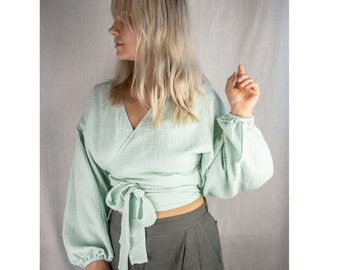 Cotton blouse.Muslin wrap top with puffed sleeves.Double gauze blouse.V-neck blouse.Boho wrap top.Summer raw cotton blouse.Resort wear.
