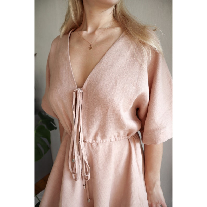 Linen Dress.Oversized linen dress.Kimono sleeves.Dress with pockets.Deep V neckline.Relaxed fit.Boho dress.Bridesmaid dress.Wide skirt dress image 3