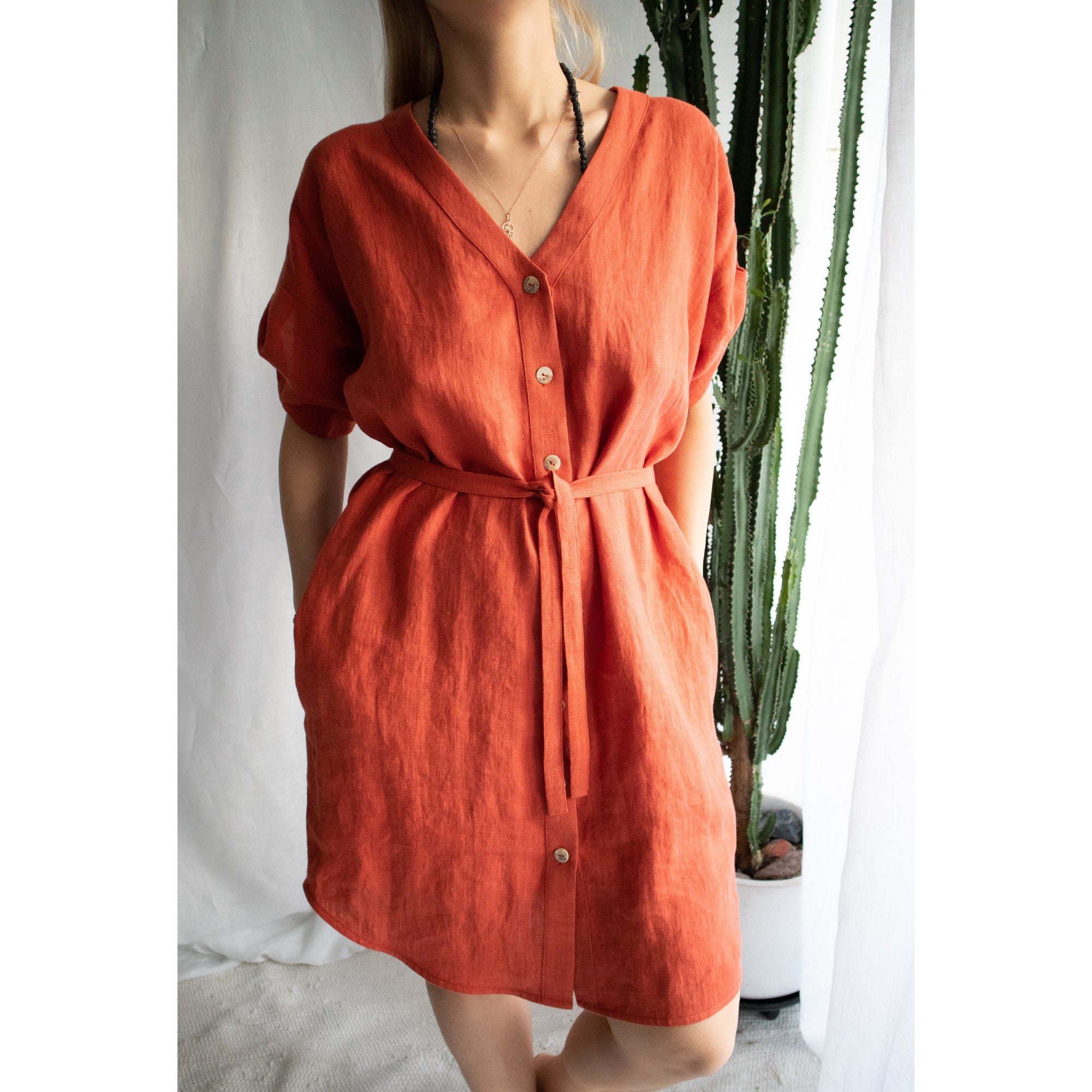 Robe Sans Manches En Lin Orange J.Jill + Cardigan Assorti, Taille XS - Occasion Très Bon état