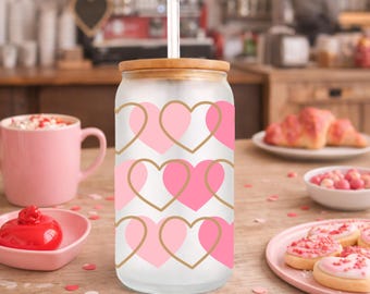 Valentines Day Frosted Glass Can Cup, Pink Heart Iced Coffee Tumbler, 16oz Libbey Glass with Bamboo Lid Gift Reusable