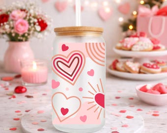 Valentines Day Frosted Glass Can Cup, 16oz Iced Coffee Tumbler with Bamboo Lid, Cute Heart Drinkware Gift for Her