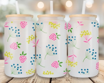 16oz Frosted Glass Libbey Can with Bamboo Lid and Straw, Spring Floral Iced Coffee Cup, Reusable Glass Can Gift for Her