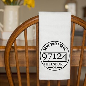 Personalized City State and Zip Code Kitchen Towel, Custom Kitchen Gift, Housewarming Gift, New Home Decor, Home Sweet Home Hand Towel