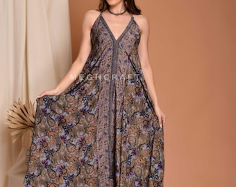 Boho Silk Halter Maxiklänning: Återvunnet tyg, strandresortkläder