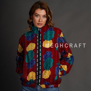 Floral Print Kantha Embroidered Bomber Jacket: Reversible Boho Cotton