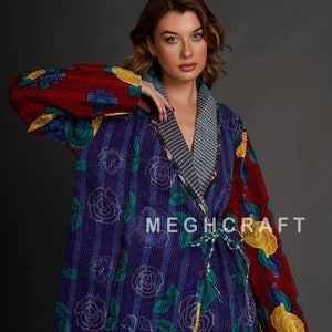 Handmade Reversible Kantha Jacket: Angrakha Style Embroidered Cotton Coat